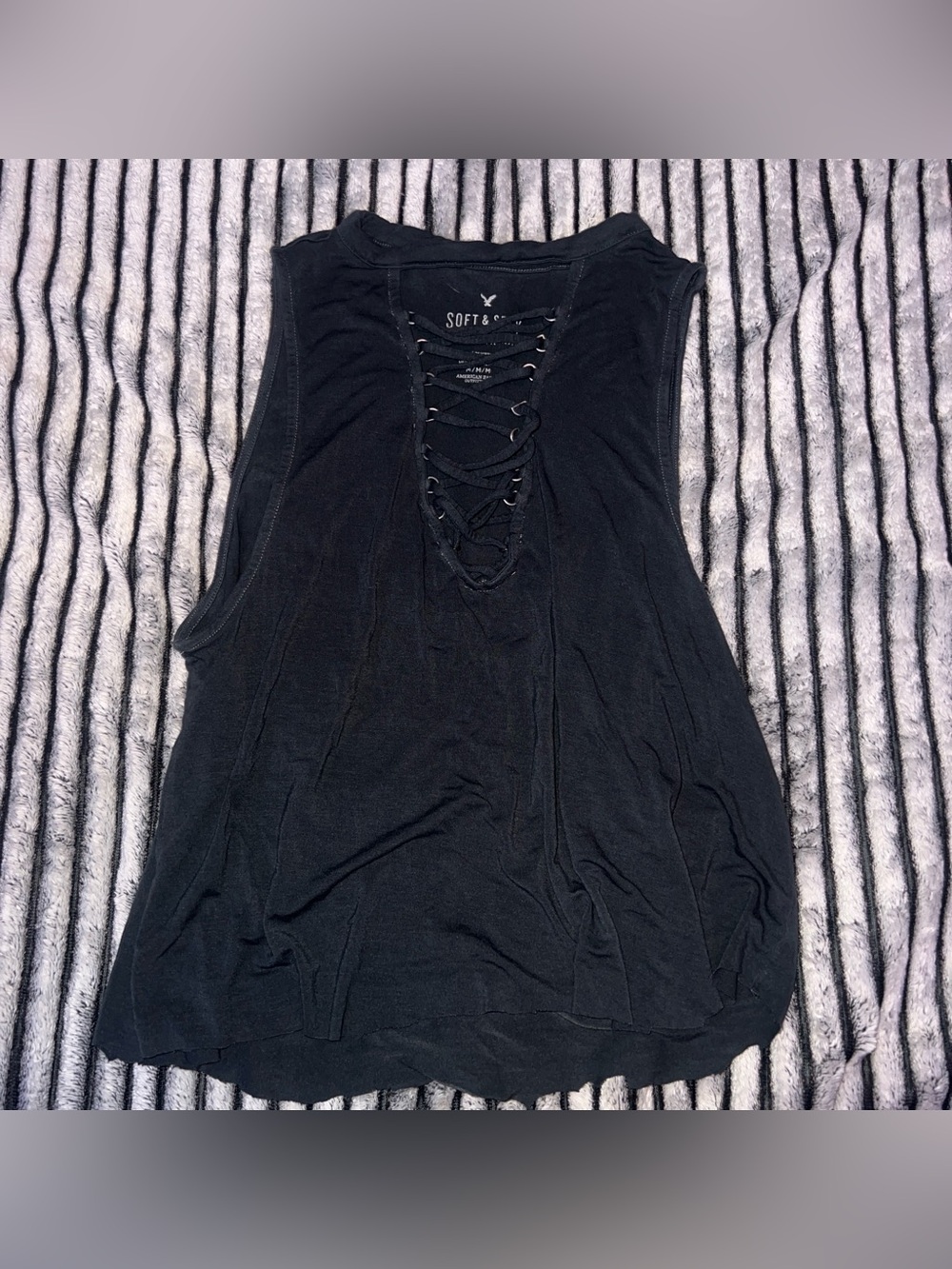 American Eagle Outfitters Black Lace-Up Muscle Tank Top